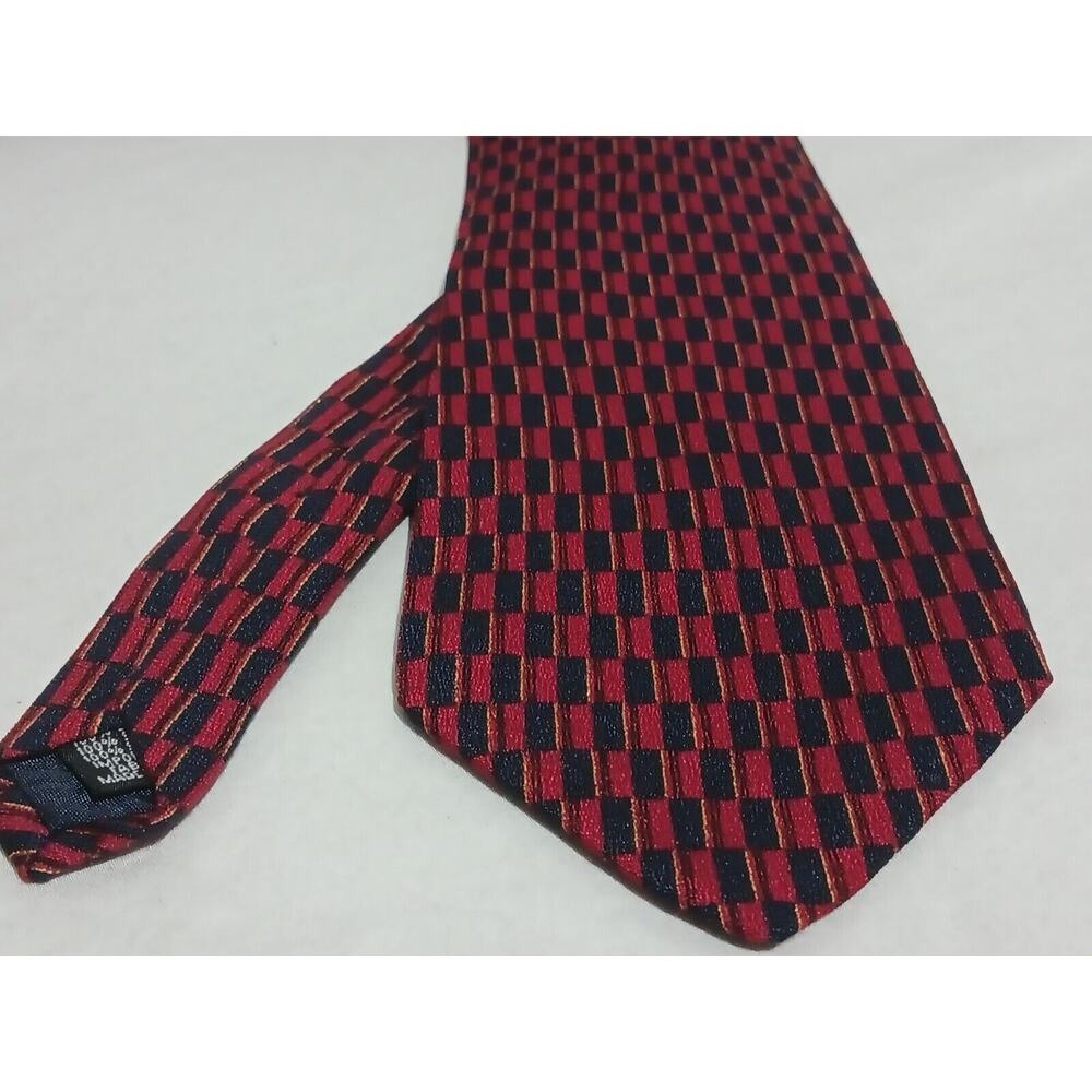 Prestwick & Moore 100% Silk Red Blue Gold Geometric Print Tie Made In USA